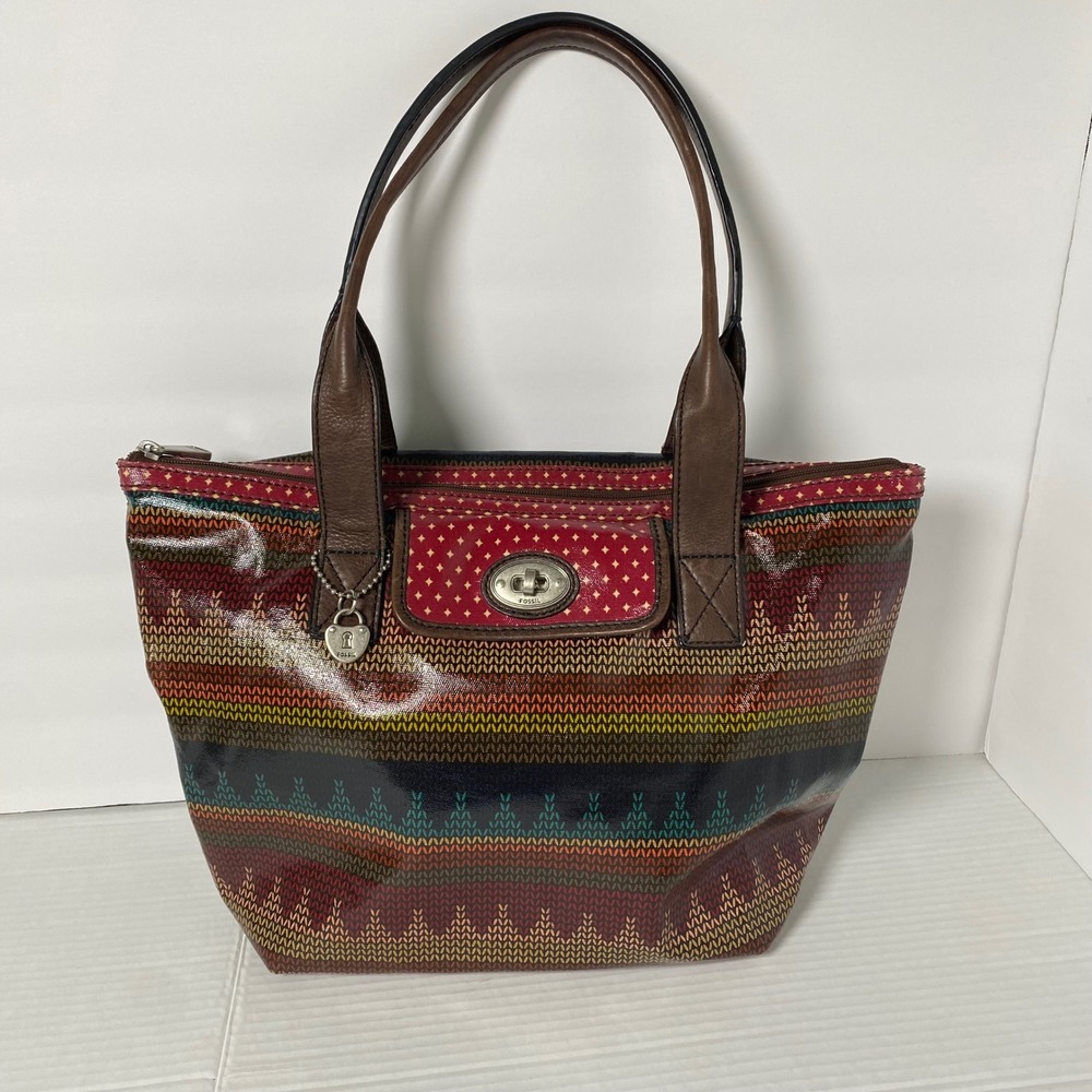 Fossil Key-Per Bag Vinyl Coated Canvas Multicolor Y2K Vintage Indie Kitschy Boho